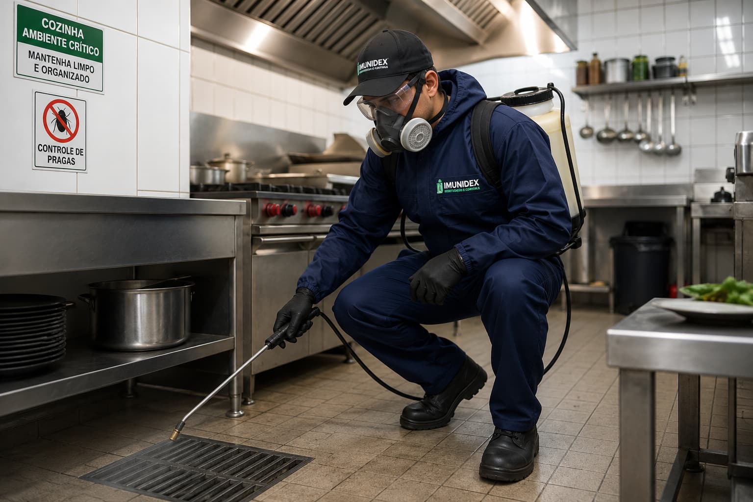 Técnico uniformizado da Imunidex aplicando controle de pragas no ralo de uma cozinha industrial de restaurante, com equipamento de proteção.