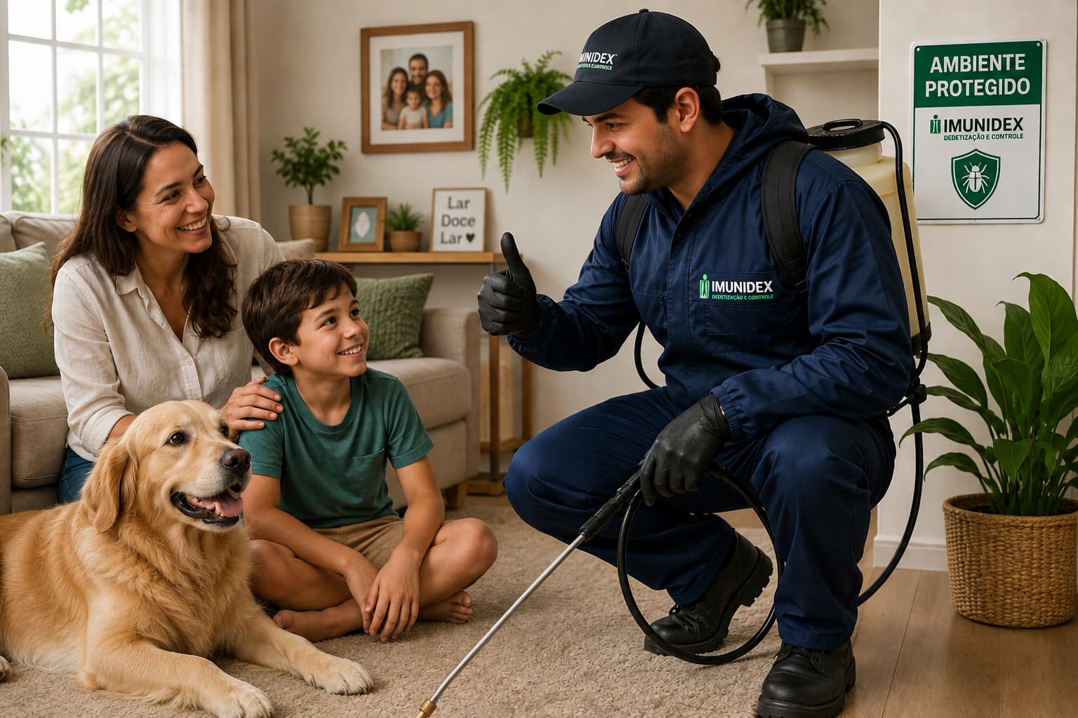 Técnico uniformizado da Imunidex agachado na sala, conversando com a moradora, uma criança e um cachorro, com o equipamento de aplicação na mão.