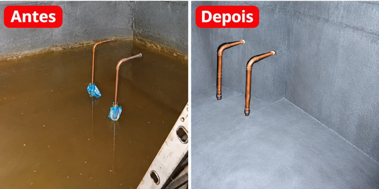 Antes e depois da limpeza de uma cisterna de concreto: à esquerda a água barrenta cobrindo o fundo e a marca de sujeira na parede, à direita o reservatório vazio e limpo, com as duas tubulações de cobre à vista.
